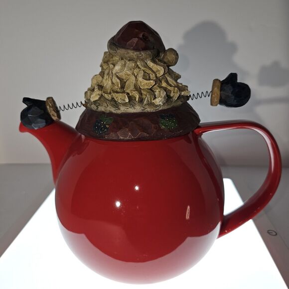 SANTA CLAUS Custom Christmas Teapot Springy Arms Holiday 8.5"x8" Red Ceramic - Picture 6 of 14